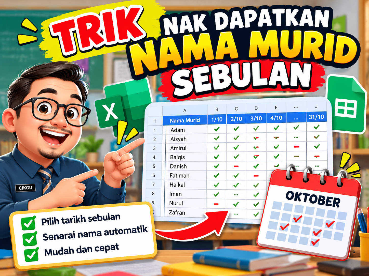 TRIK NAK DAPATKAN NAMA MURID SEBULAN